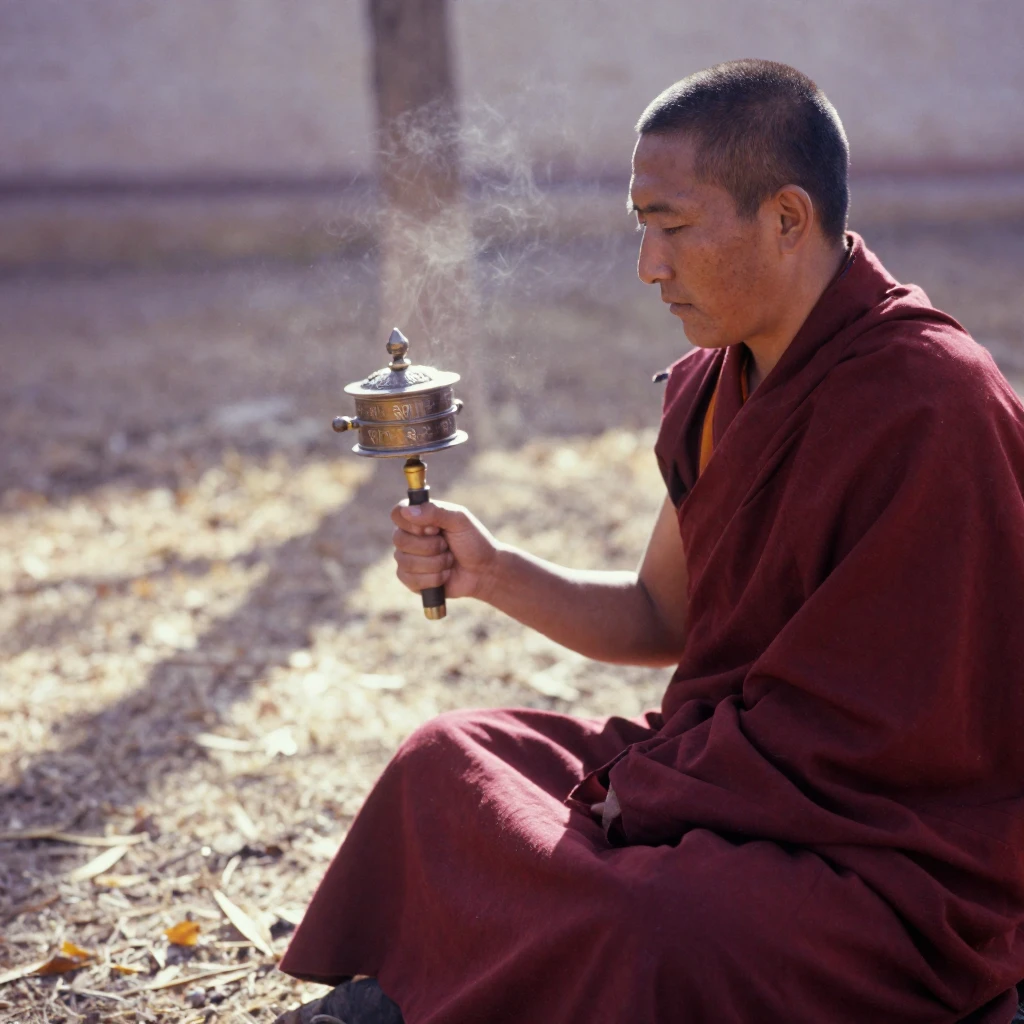 A Tibetan monk in maroon robes spinning a prayer wheel, in warm morning light, as heat shimmers over the ground, in late autumn, in dusty lavender and rose tones, over the shoulder of the main subject.