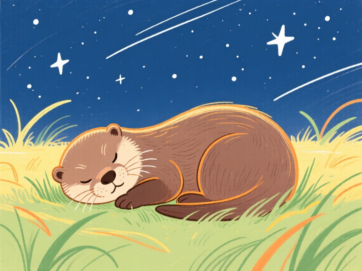 A baby otter curled up together in a sunlit meadow under a clear starry sky.