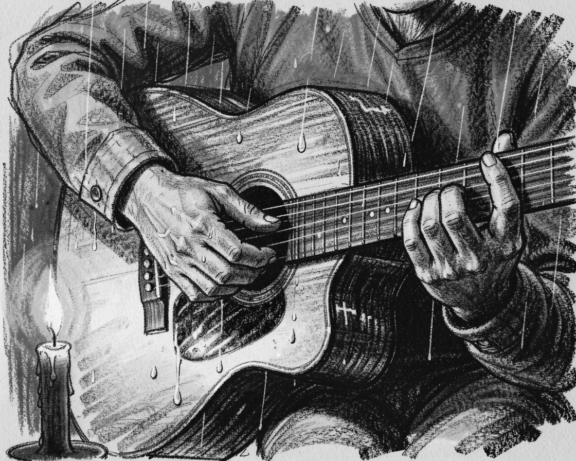 A musician's hands playing an acoustic guitar by candlelight, as gentle rain patters down around them.