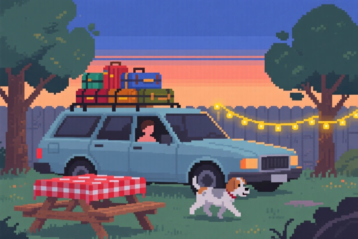 A family road trip car packed with luggage with an old dog trotting along beside them, in a backyard set up for a summer evening.