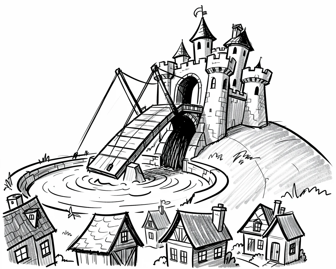 A castle drawbridge lowering over a moat on a hilltop overlooking a village.