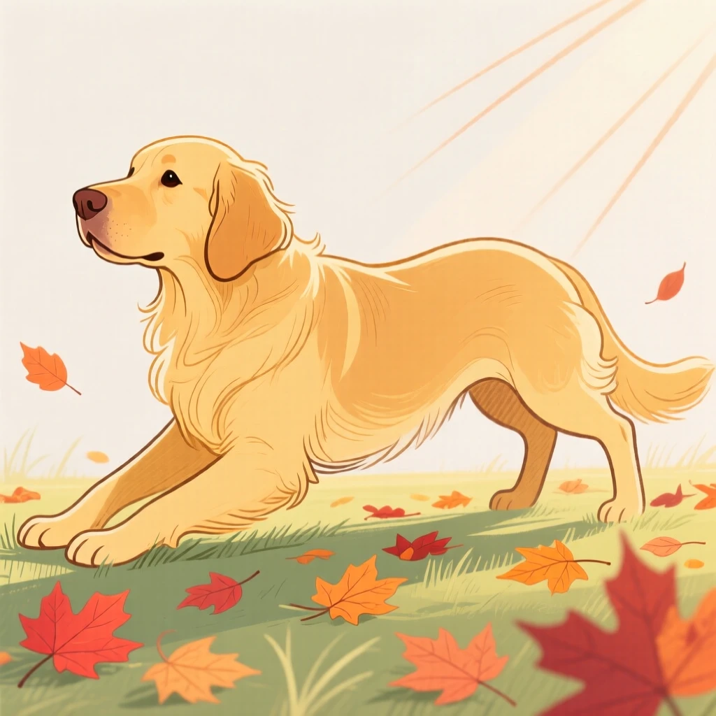 A golden retriever stretching in the morning light among autumn leaves on a quiet summer afternoon.
