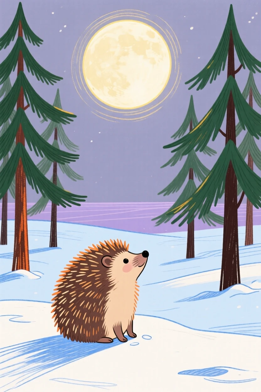A small hedgehog watching the horizon in a snowy pine forest under a full moon.