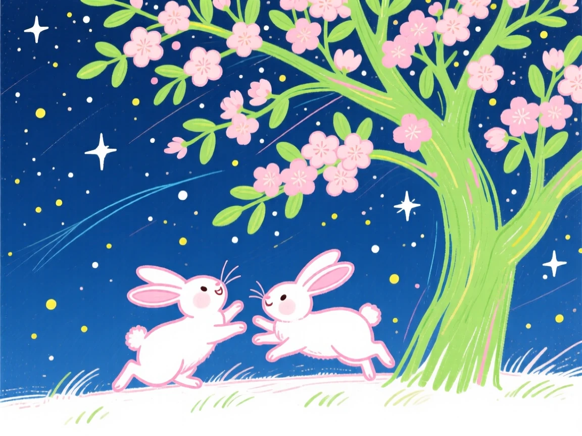 A pair of rabbits playing under a blossoming tree under a clear starry sky.