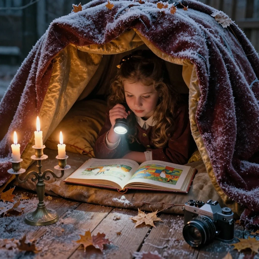 A girl reading a picture book beneath a blanket fort with a flashlight, under flickering candlelight, with frost coating every surface, in late autumn, with rich burgundy and gold accents, from a slightly elevated vantage point.