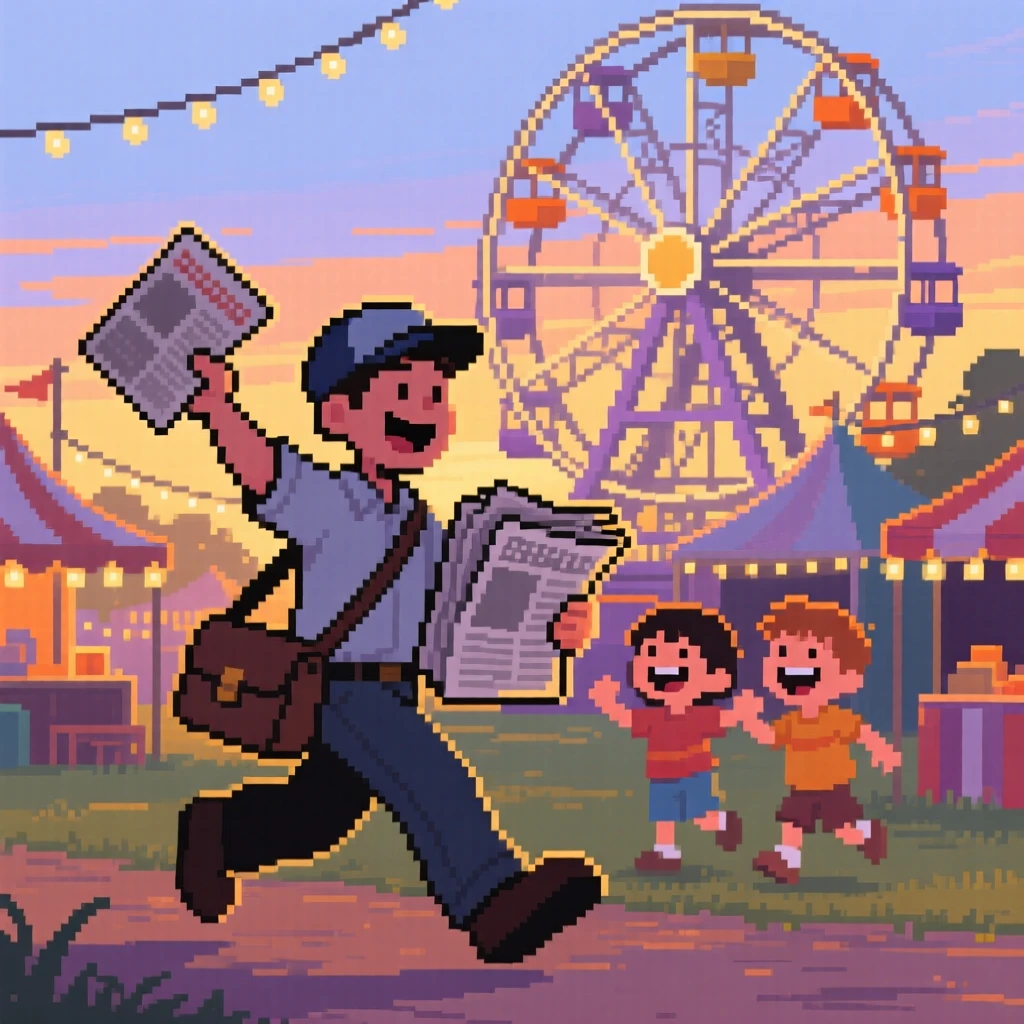 A paperboy delivering newspapers at dawn laughing together on a warm summer evening, at a small-town fair with a ferris wheel.