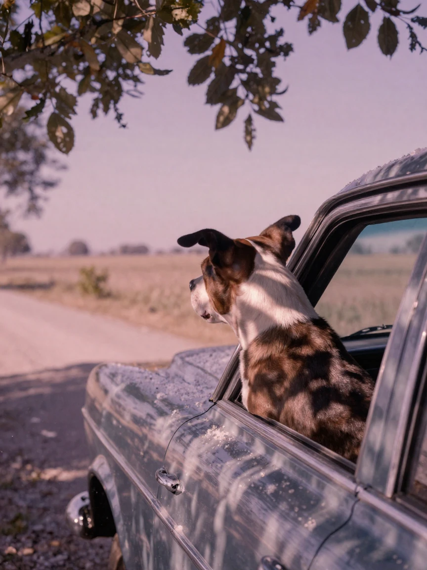 A dog with its head out a car window, ears flapping in the wind, in dappled light filtering through leaves, with a soft breeze stirring the air, under the first snow of winter, in dusty lavender and rose tones, from behind, looking toward the horizon.