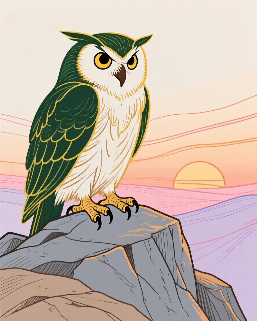 A wise old owl grazing on a rocky hillside at sunrise.