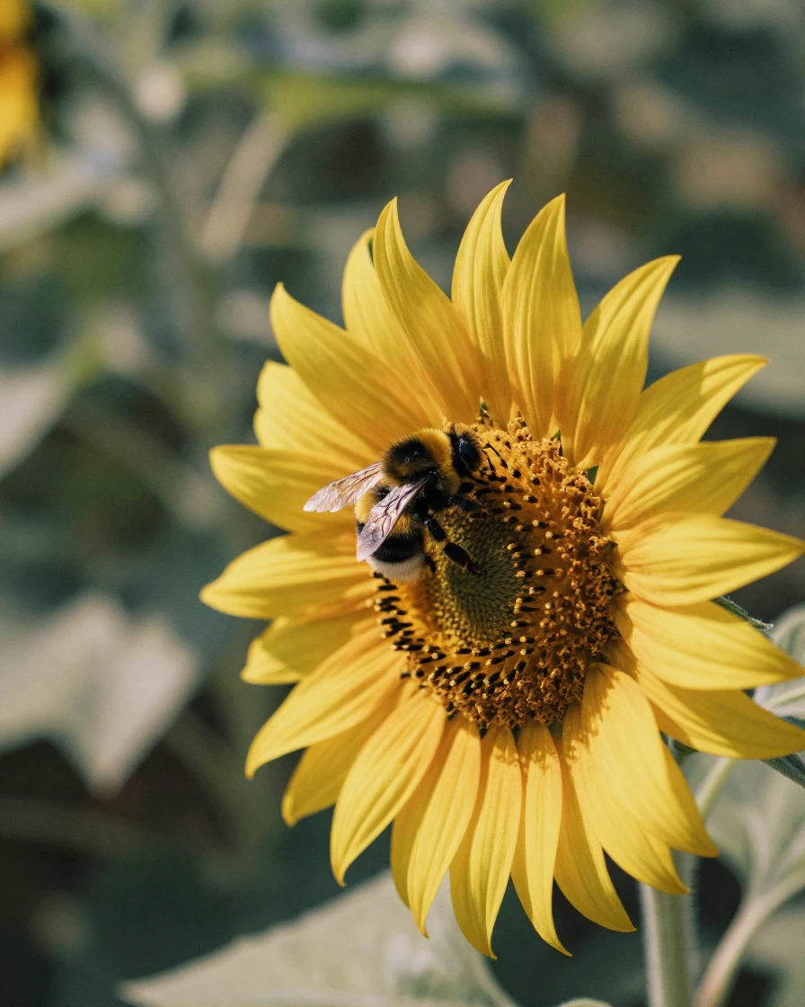 A bee gathering pollen from a bright sunflower, in dappled light filtering through leaves, in crisp, dry air, in the height of summer, with muted olive and rust colors, from a three-quarter angle.