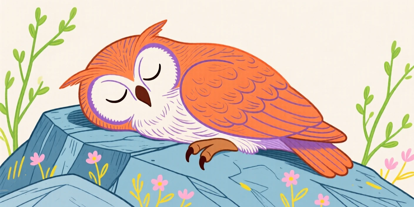 A wise old owl napping on a rocky hillside in early spring.