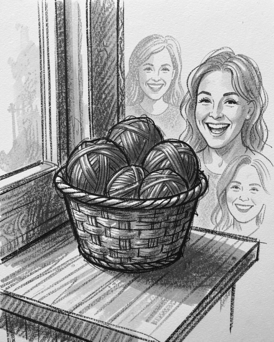 A knitting basket filled with colorful yarn beside a window, with everyone smiling and full of warmth.