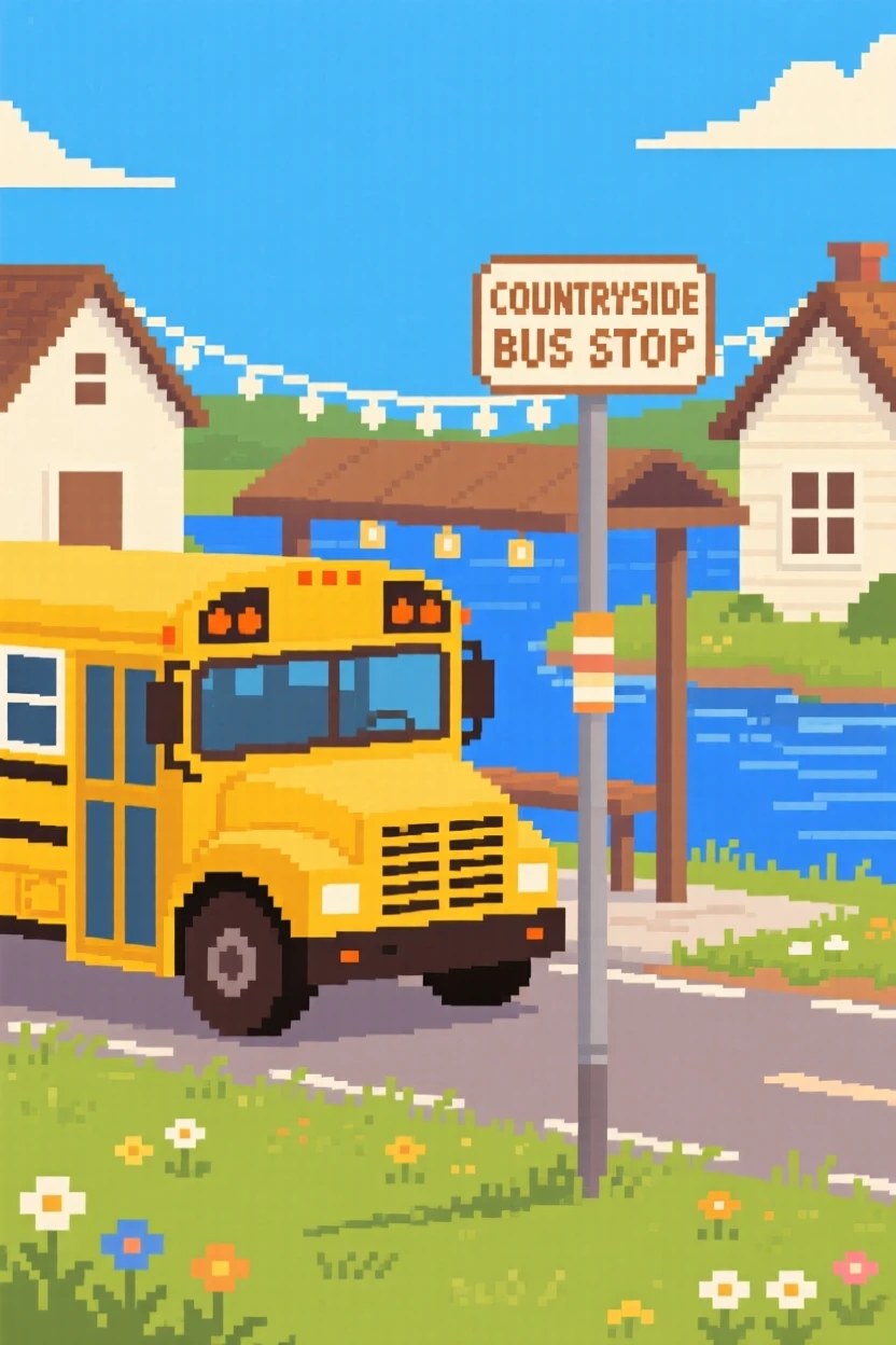 A school bus waiting at a countryside stop lit by string lights strung between houses, beside a lake during summer vacation.
