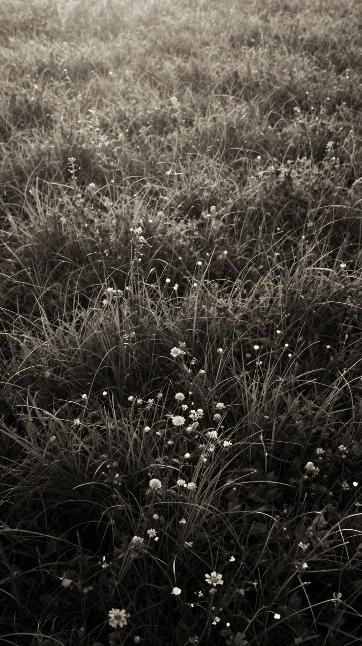 A cluster of fireflies glowing softly above a summer meadow, in the pale light just before sunrise, as heat shimmers over the ground, during the long days of summer, with stark black-and-white contrast softened by a single warm hue, shot from directly overhead.