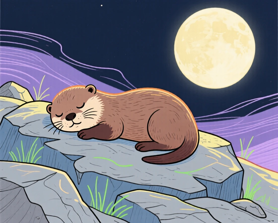 A baby otter napping on a rocky hillside under a full moon.