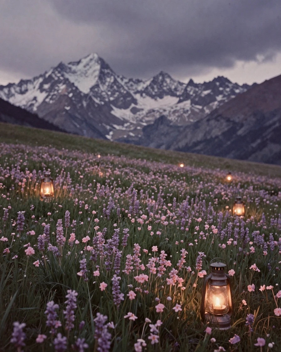 Wildflowers carpeting an alpine meadow beneath jagged peaks, under flickering candlelight, under a darkening storm sky, in early spring, in dusty lavender and rose tones, from a three-quarter angle.