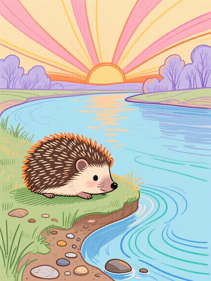 A small hedgehog resting along a quiet riverbank at sunrise.