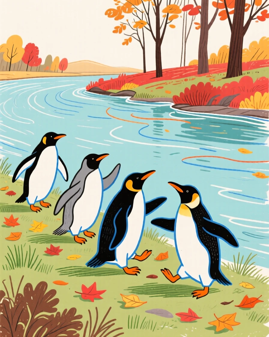 A group of penguins playing along a quiet riverbank on a crisp autumn day.