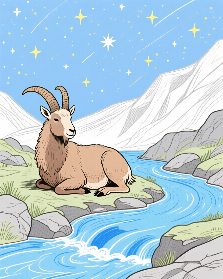 A mountain goat resting beside a mountain stream under a clear starry sky.