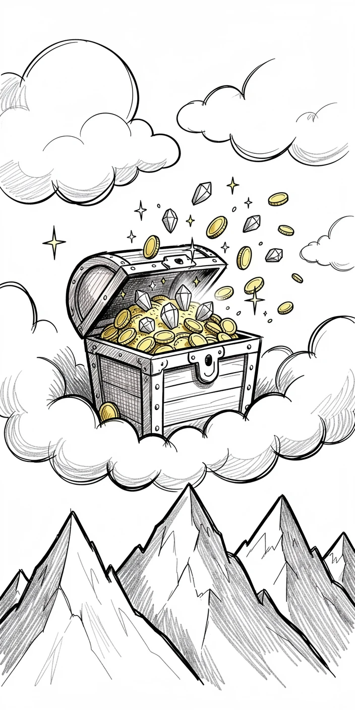 A chest overflowing with gold coins and gems among the clouds above a mountain range.