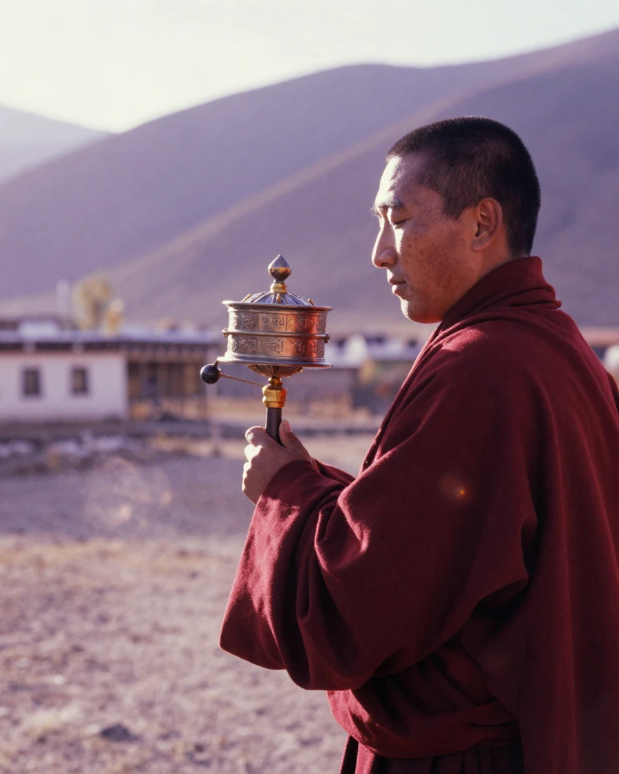 A Tibetan monk in maroon robes spinning a prayer wheel, in warm morning light, as heat shimmers over the ground, in late autumn, in dusty lavender and rose tones, over the shoulder of the main subject.