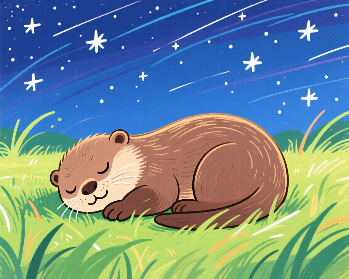 A baby otter curled up together in a sunlit meadow under a clear starry sky.