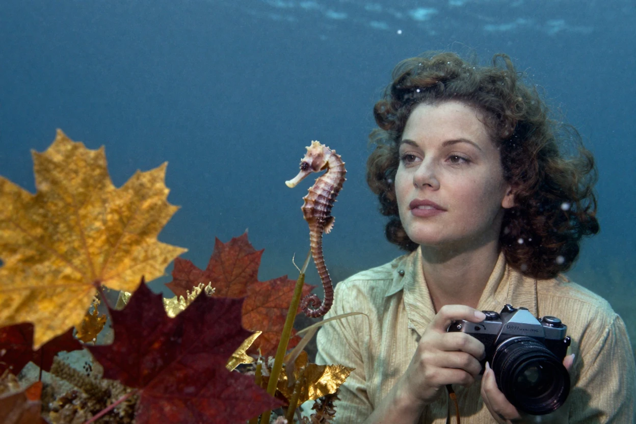 A seahorse clinging delicately to a strand of sea grass, in cool blue twilight, amid gently falling snow, as autumn leaves turn gold and red, with rich burgundy and gold accents, over the shoulder of the main subject.