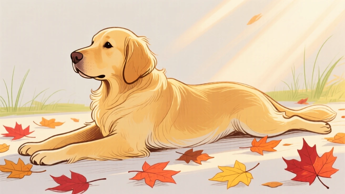 A golden retriever stretching in the morning light among autumn leaves on a quiet summer afternoon.