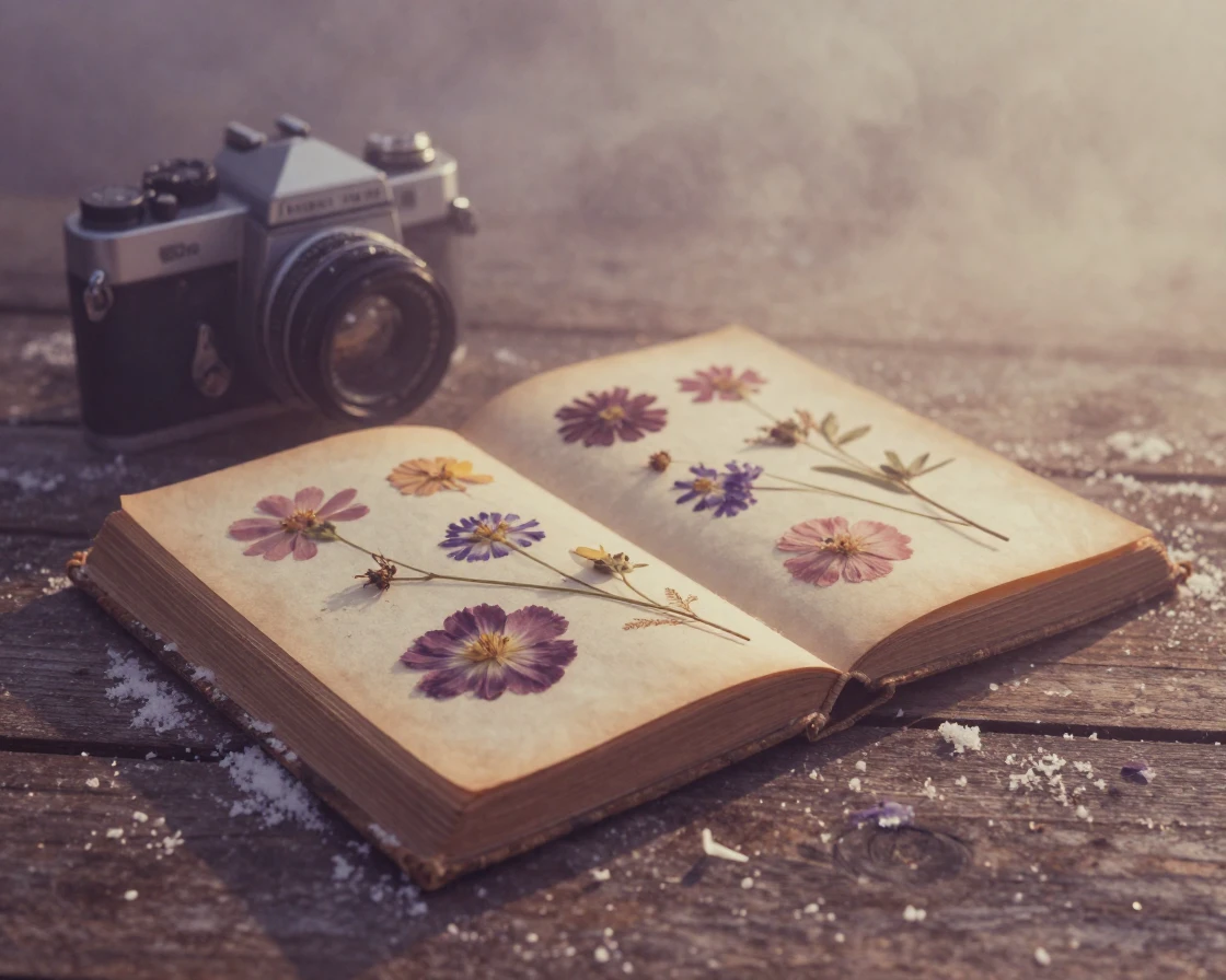 A collection of pressed flowers arranged inside an old book, under soft golden-hour light, in thick rolling fog, under the first snow of winter, in dusty lavender and rose tones, from a three-quarter angle.