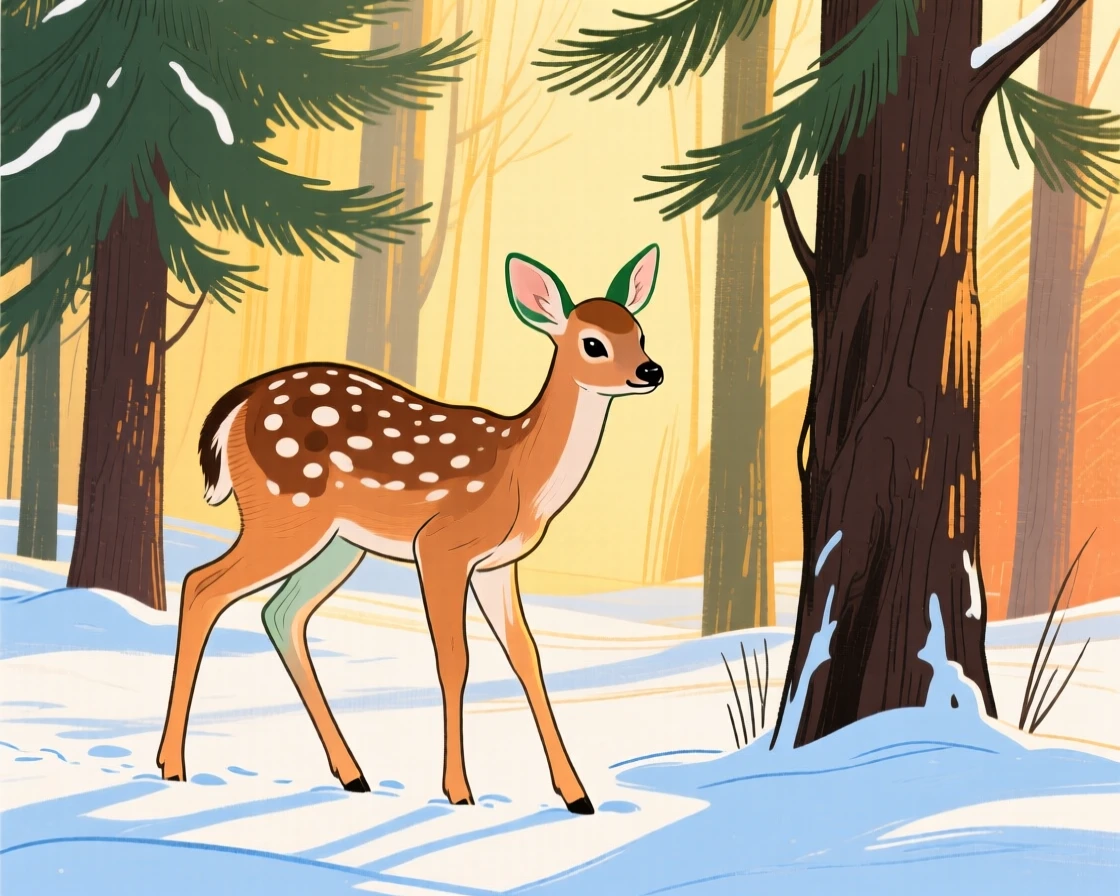 A spotted fawn exploring in a snowy pine forest during golden hour.