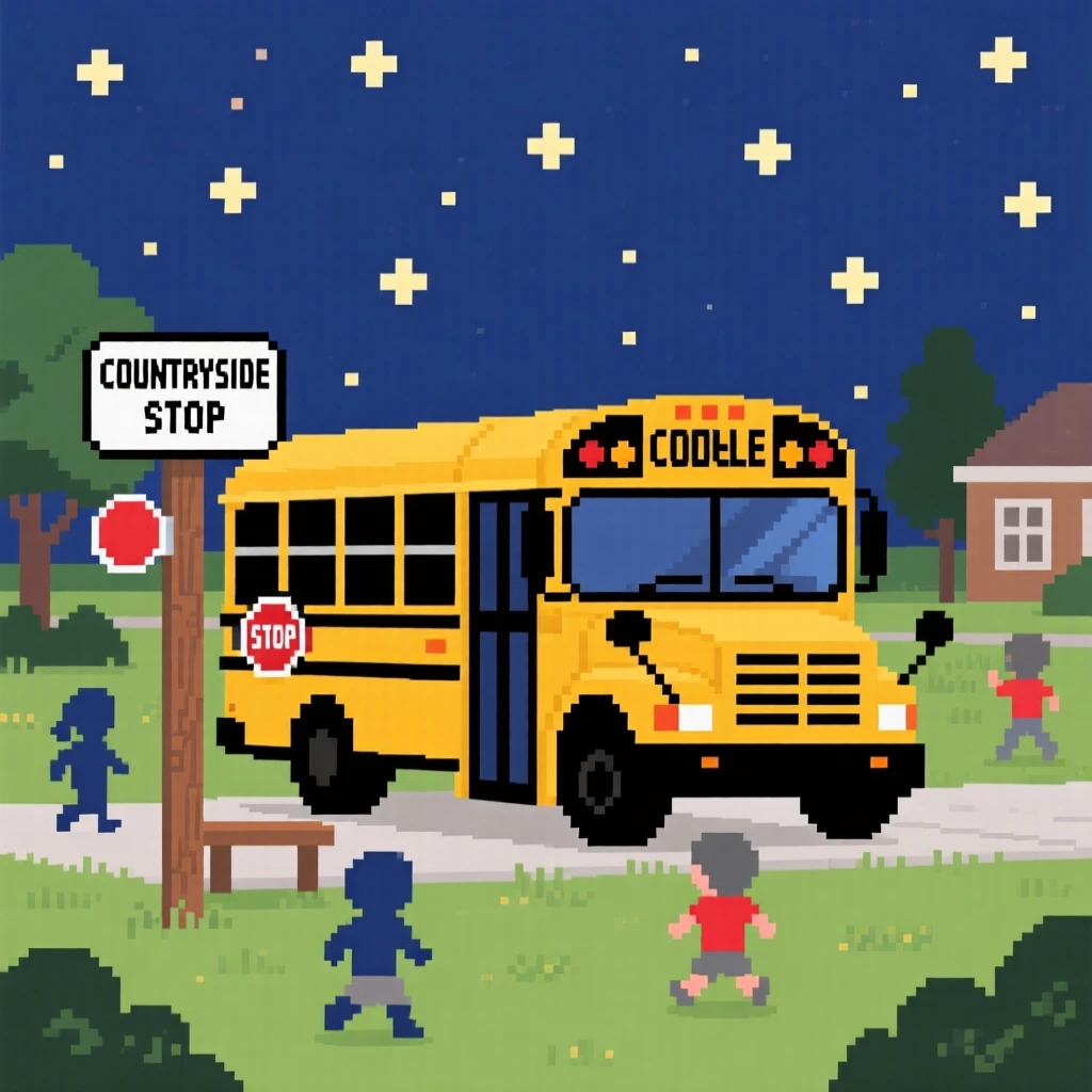 A school bus waiting at a countryside stop set against a sky full of stars, in a schoolyard during recess.