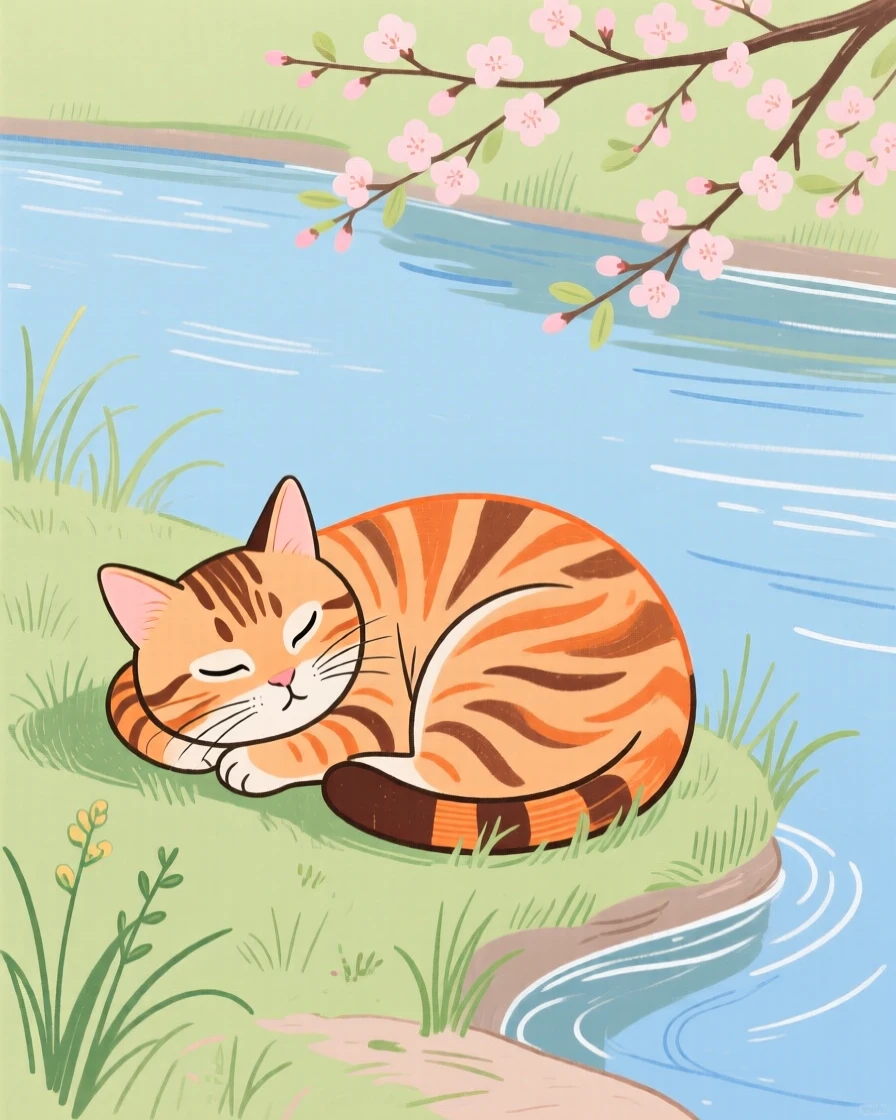 A tabby cat curled up together along a quiet riverbank in early spring.