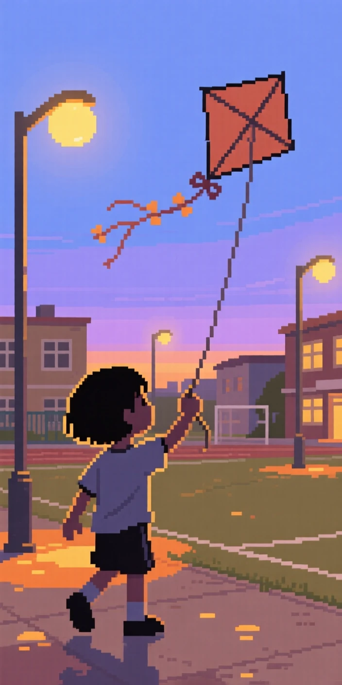 A child flying a kite gathered close as the streetlights flicker on, in a schoolyard during recess.