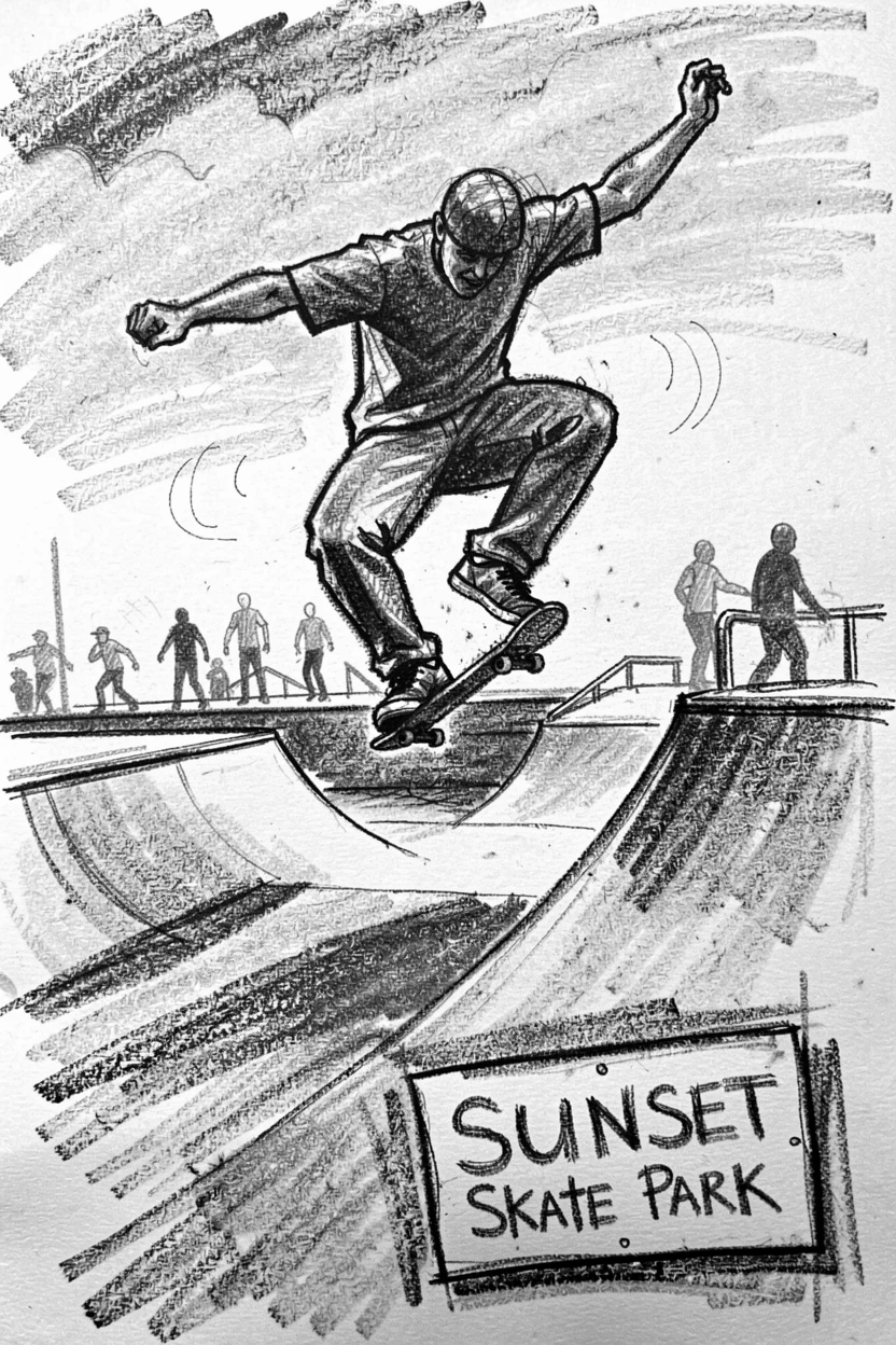 A skateboarder catching air at a sunset skate park, as laughter fills the air around them.