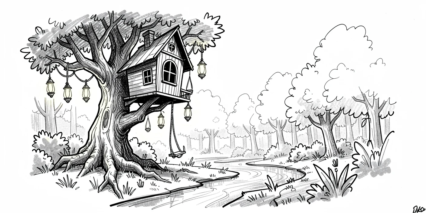 A treehouse with a rope swing and lantern lights beside a river winding through the forest.