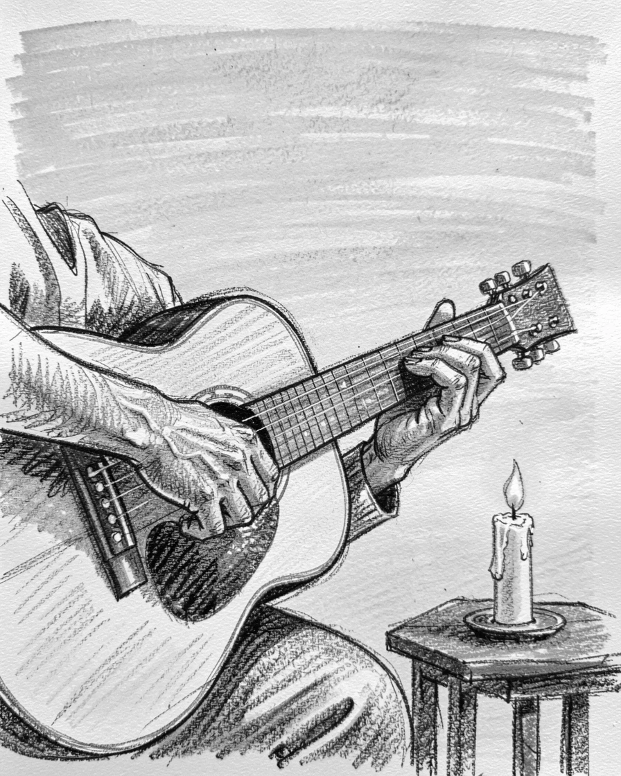 A musician's hands playing an acoustic guitar by candlelight, under a clear blue midday sky.