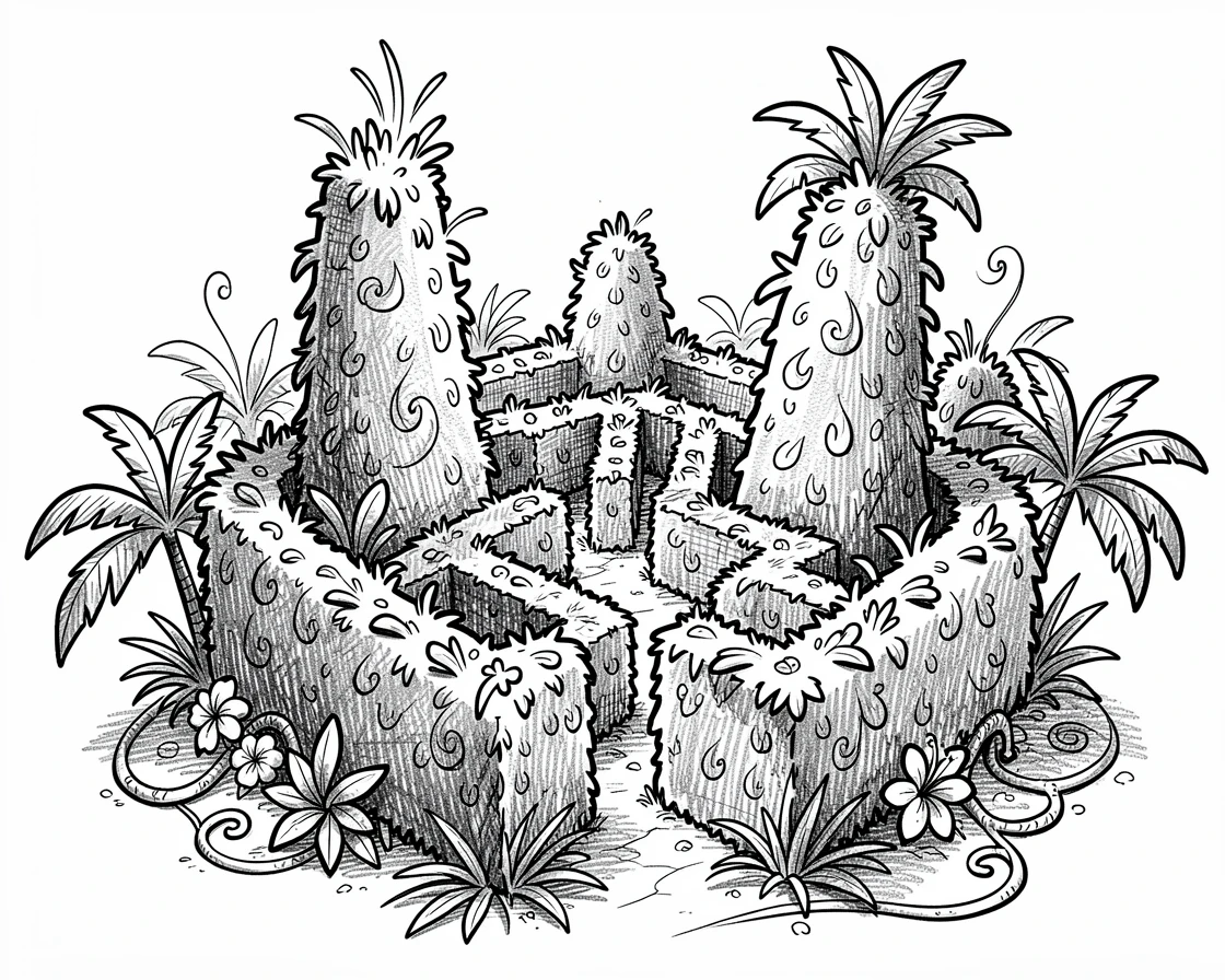 A castle garden maze with tall hedges on a hidden tropical island.