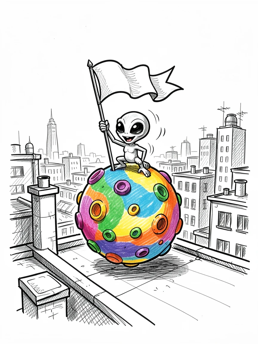 A tiny alien planting a flag on a colorful asteroid on a rooftop overlooking the city.