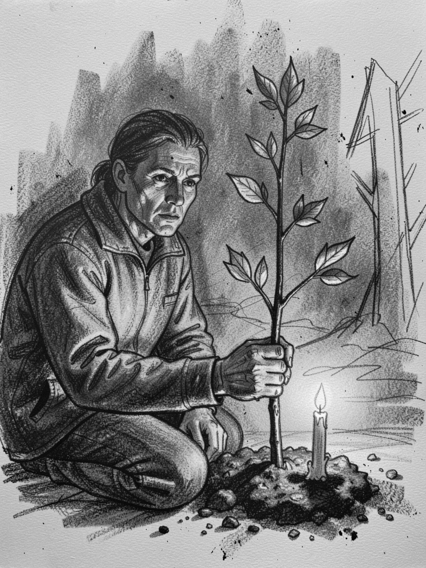 A survivor planting a tree at the site of a tragedy, looking forward, as soft candlelight flickers nearby.