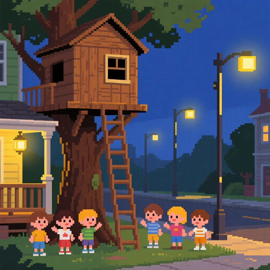 A treehouse built by neighborhood kids gathered close as the streetlights flicker on, on a porch during a warm summer night.