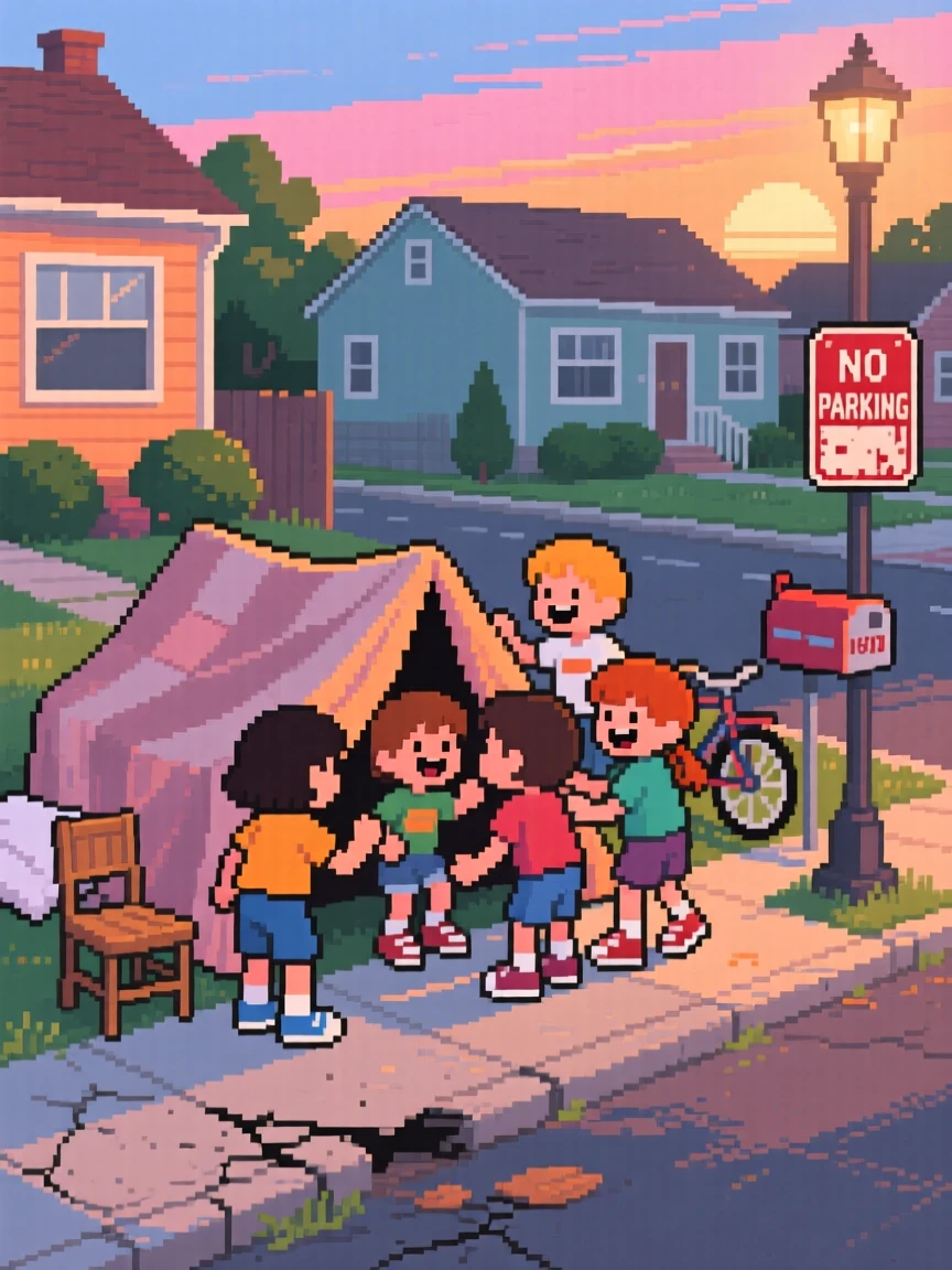 A group of children building a blanket fort laughing together on a warm summer evening, on a quiet suburban street in the 1980s.