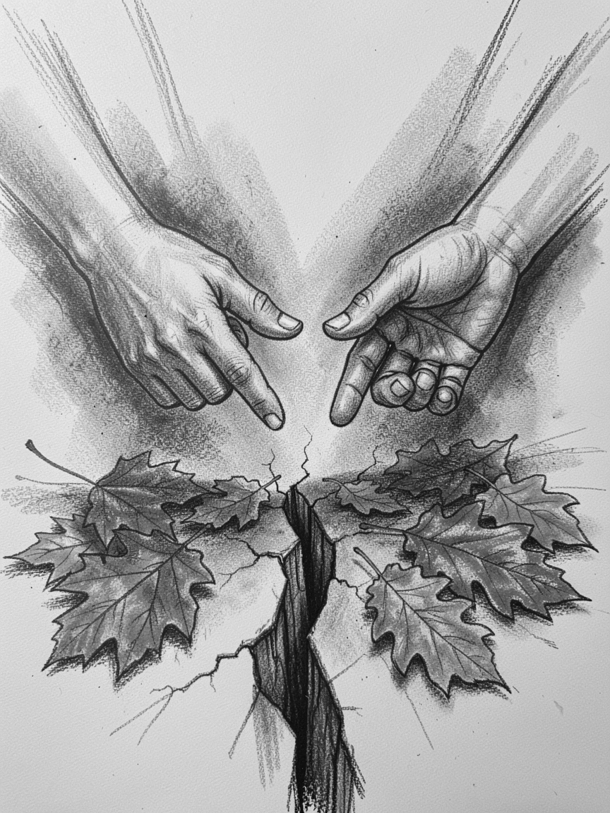 Two hands reaching toward each other across a divide, with autumn leaves scattered underfoot.