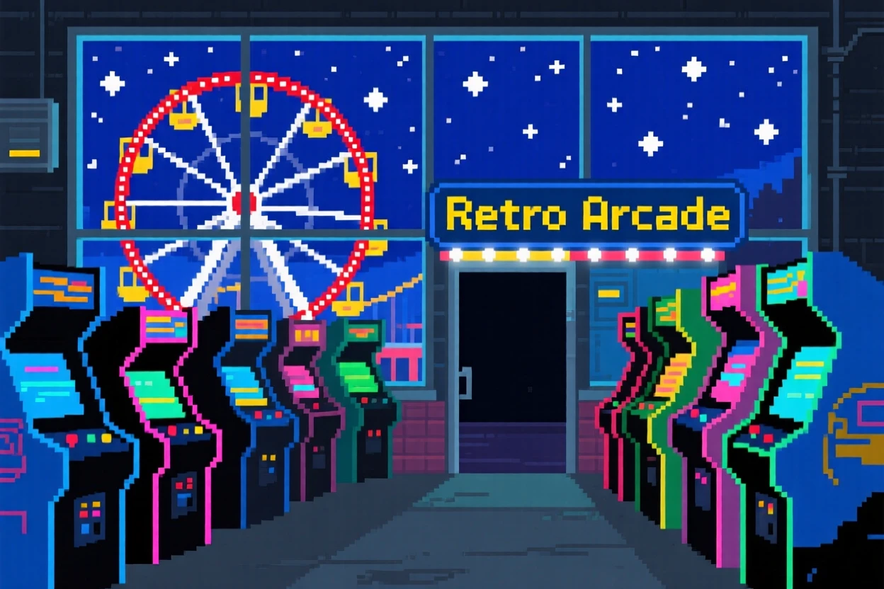 A classic arcade with rows of glowing machines set against a sky full of stars, at a small-town fair with a ferris wheel.