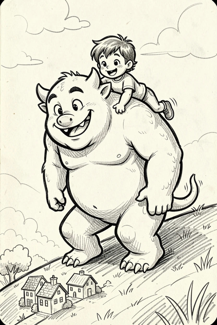 A gentle giant monster giving a child a piggyback ride on a hillside overlooking a small town.