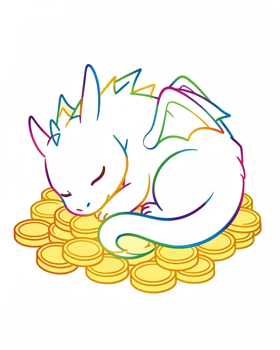 A plump little dragon character curled asleep on a pile of gold coins.