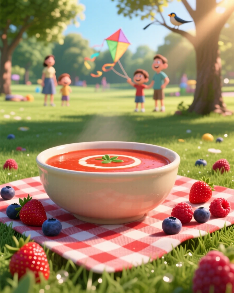 A bowl of creamy tomato bisque sits on a checkered picnic blanket in a park, surrounded by scattered fresh berries. The scene feels inviting, warm, and delicious.
