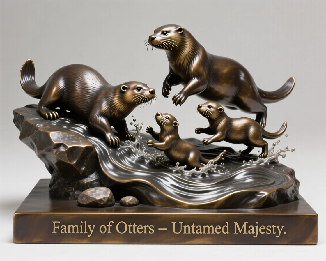 A family of otters playing in a rushing stream, in a moment of raw, untamed beauty, evoking wonder and majesty