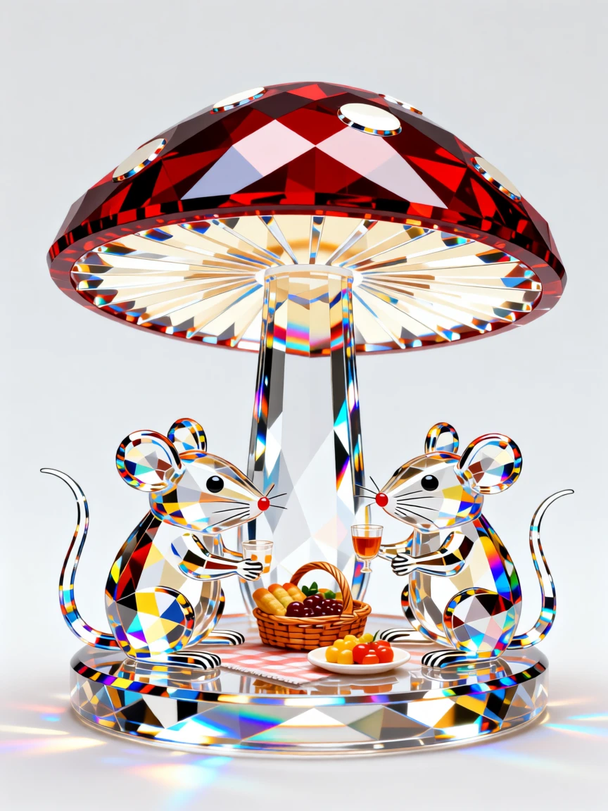 A whimsical scene of tiny mice having a picnic beneath a mushroom umbrella.