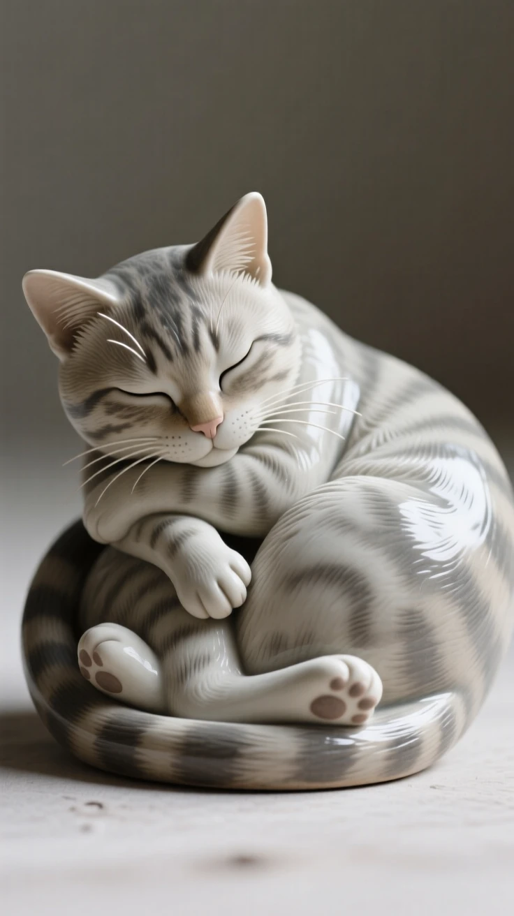 A curled-up cat resting with paws tucked beneath its body, with delicate whiskers catching the light, evoking a quiet sense of wild dignity.
