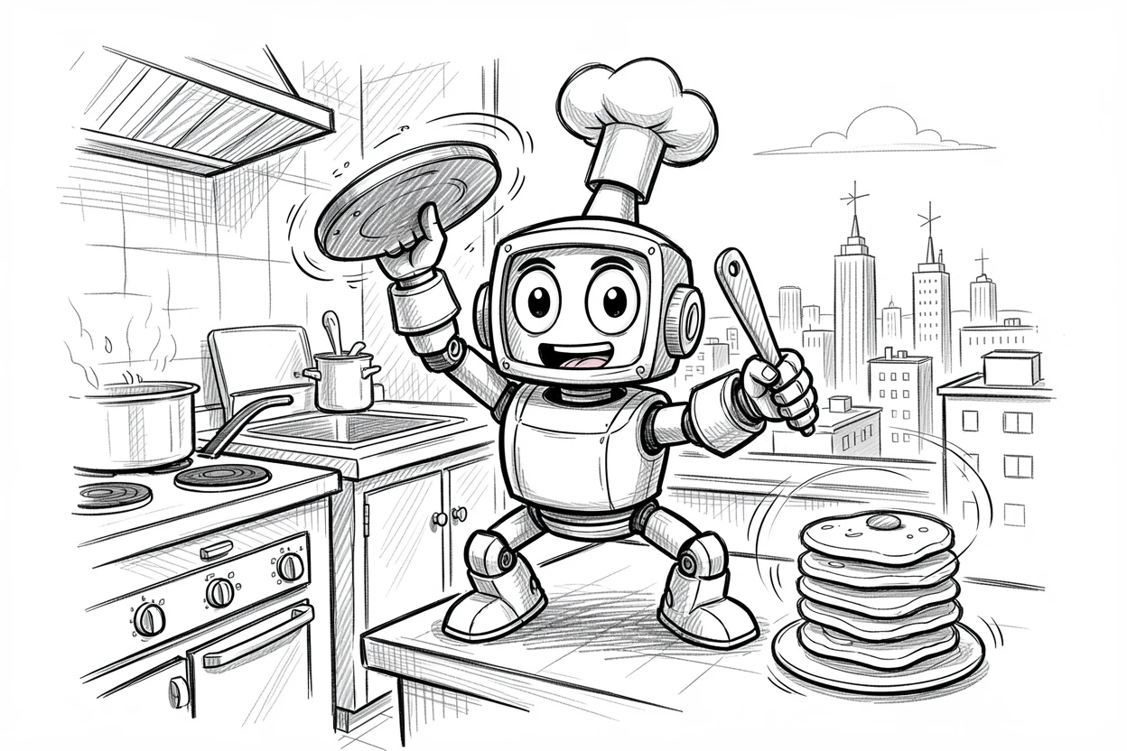 A robot chef flipping pancakes in a kitchen on a rooftop overlooking the city.