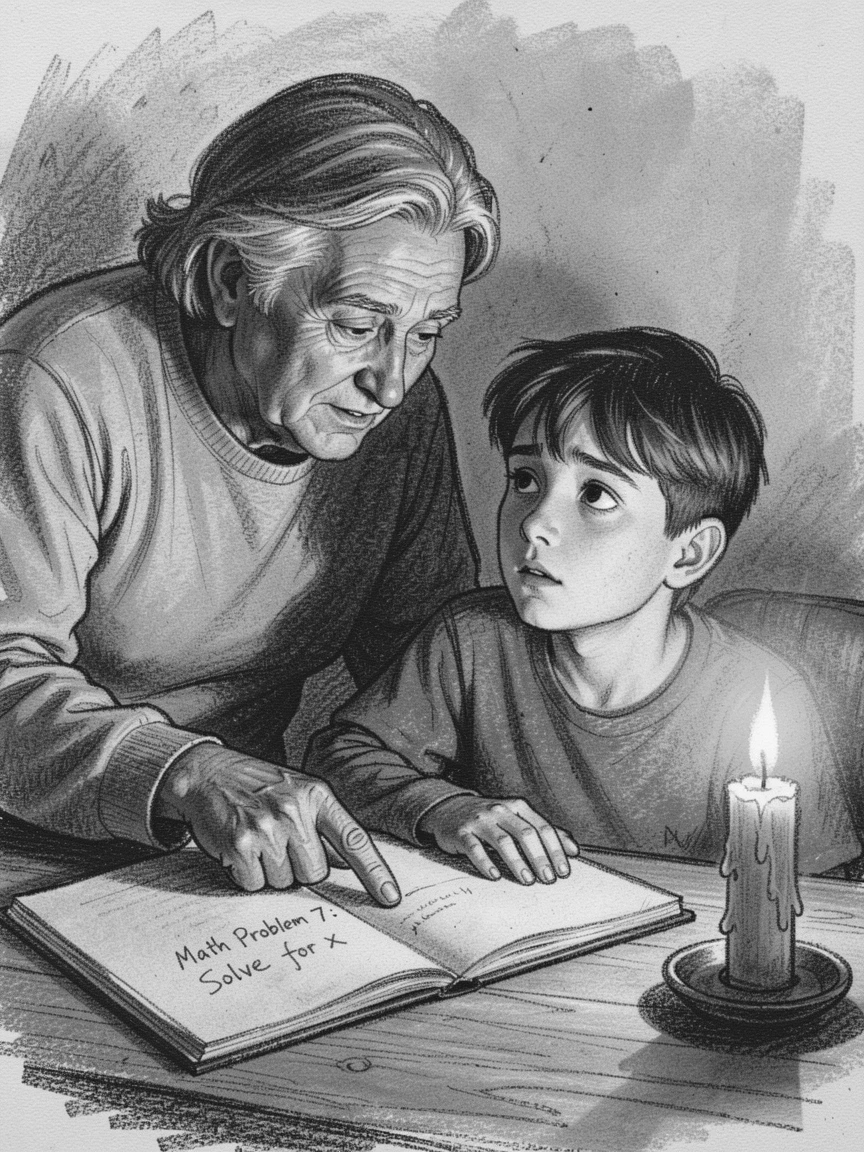 A teacher helping a struggling student finally understand, as soft candlelight flickers nearby.